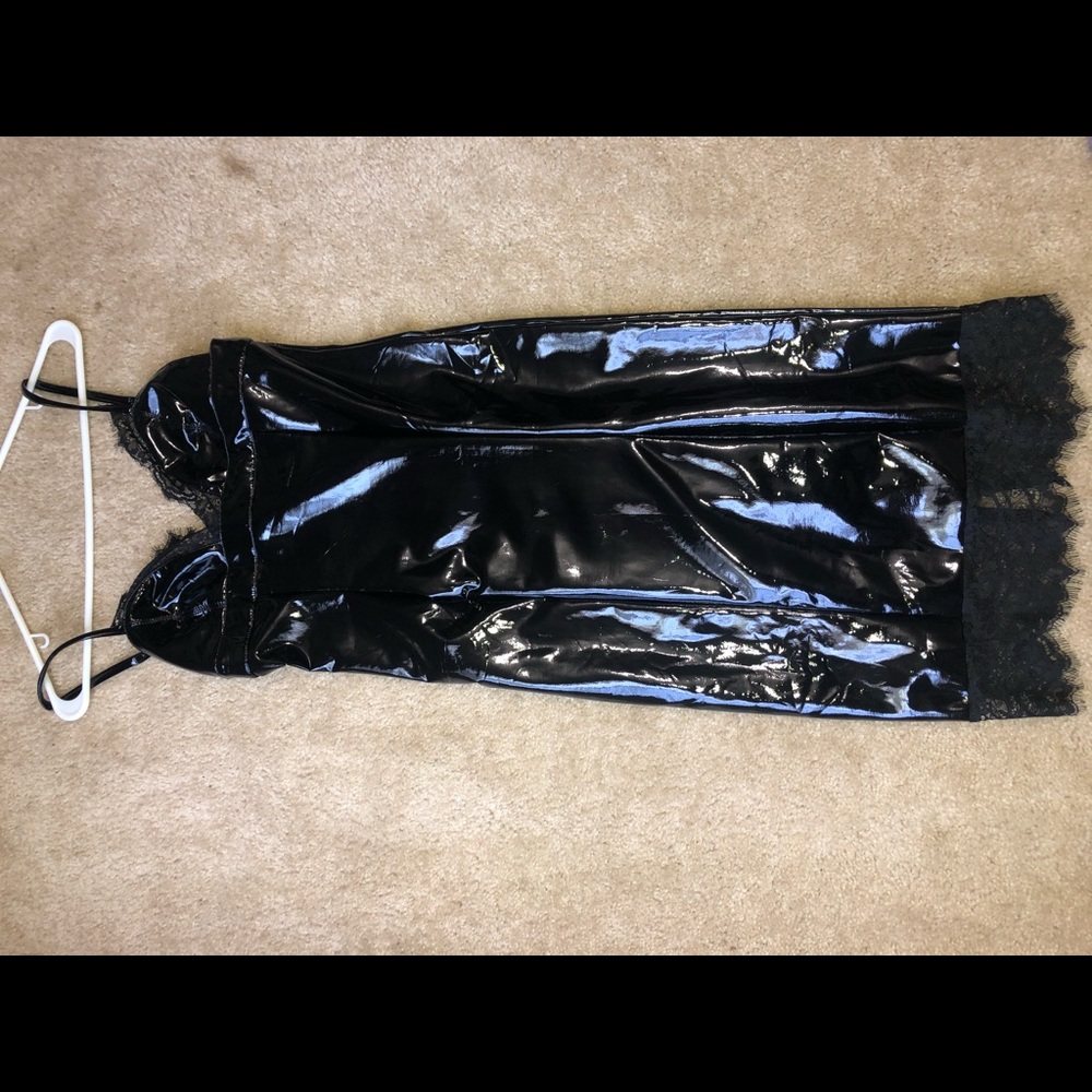 Black thin strapped Fitted Latex Dress with lace